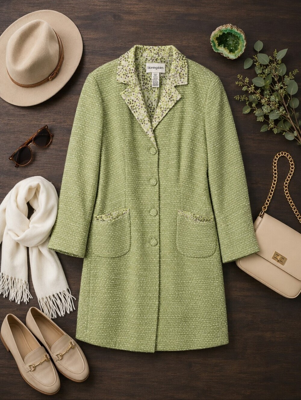 Bloomingdales Vtg Green Tweed Silk Lined L Sleeve Duster Relaxed Fit Coat. 18 W